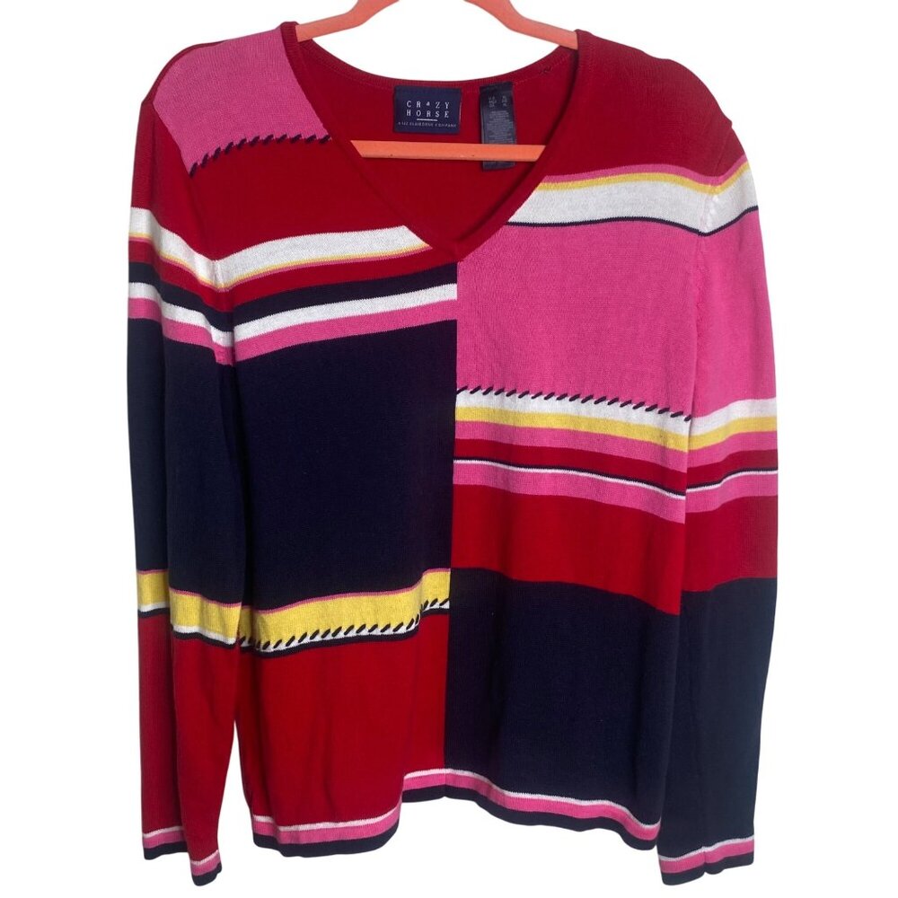 Crazy Horse Sweater Womens XL Colorful Striped Cotton‎ Color Block Pullover
